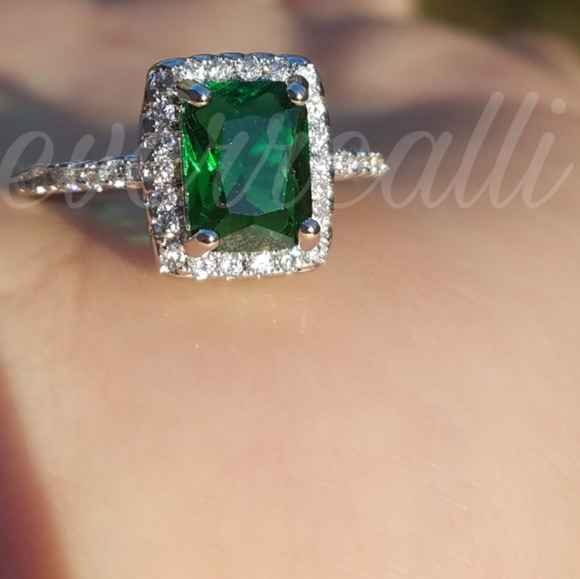 Green Emerald Rectangular Halo Silver Ring - Picture 5 of 5